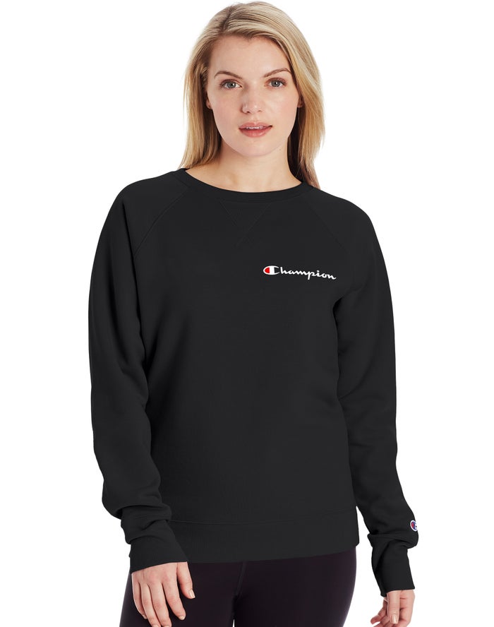 Champion Dame Sweatshirt Sort - Powerblend Fleece Classic Crew Script Logo - Danmark VQI-185602